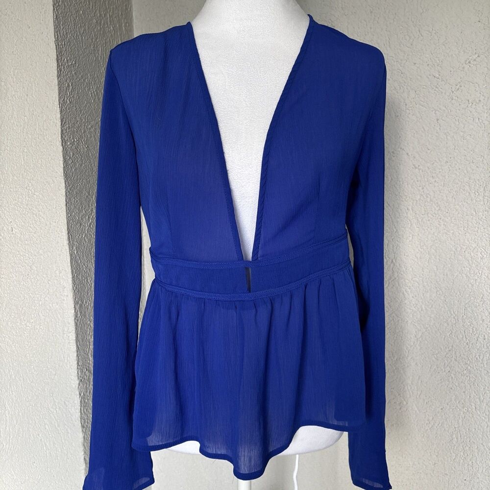 Urban Outfitters Top Womens Blue Bell Sleeve V Neck Cut Out Back Peplum Medium